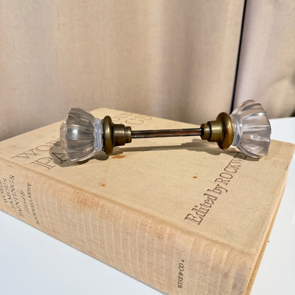 Antique Fluted Glass Door Knobs Lavender Tint Brass Spindle Victorian Salvage
